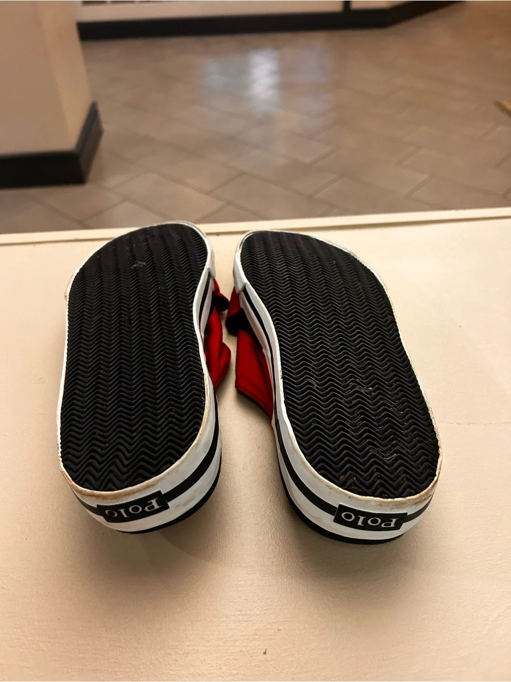 Polo by Ralph Lauren Red Cross-Strap Black Footbed White Sole Slide Sandals 11 B